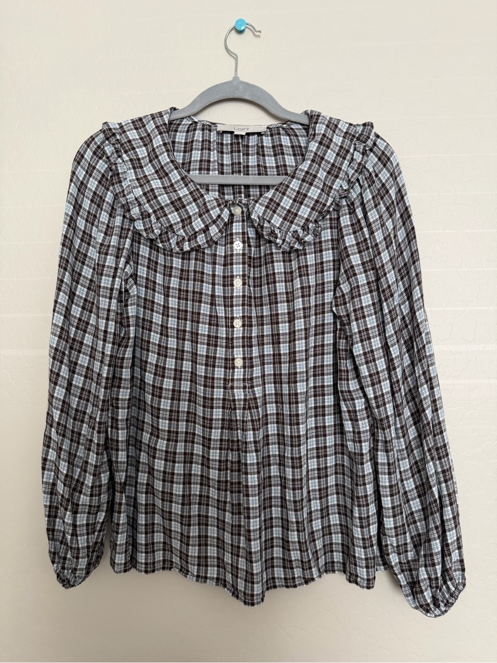 LOFT Black & White Plaid Ruffled Collar Button-Front Blouse